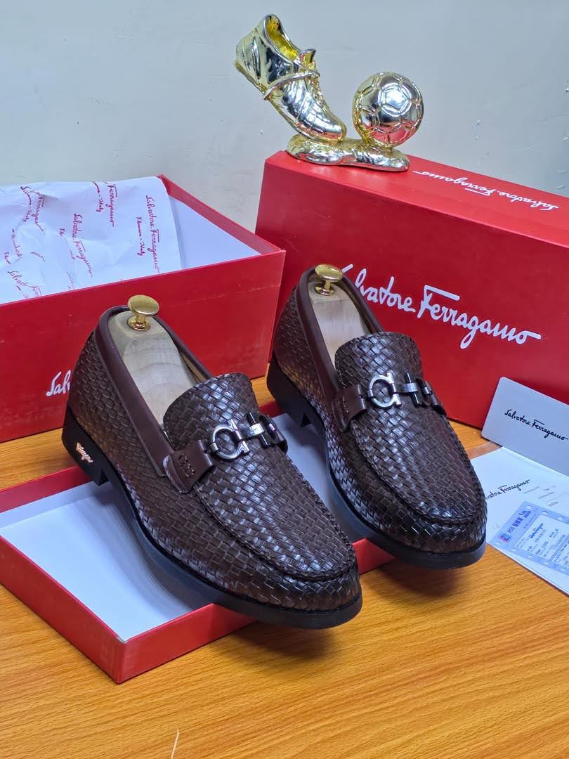 Salvatore Ferragamo Woven Leather Gancini Loafers (Brown)
